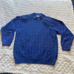 Tan Jay Womens Blue Sequin Embellished Cable Knit Mock Neck Sweater Size 2X 80s